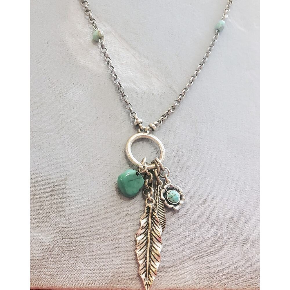 Vintage Boho Statement Necklace Leaf Faux Turquoise Bohemian Silver Tone 30” - Picture 4 of 8